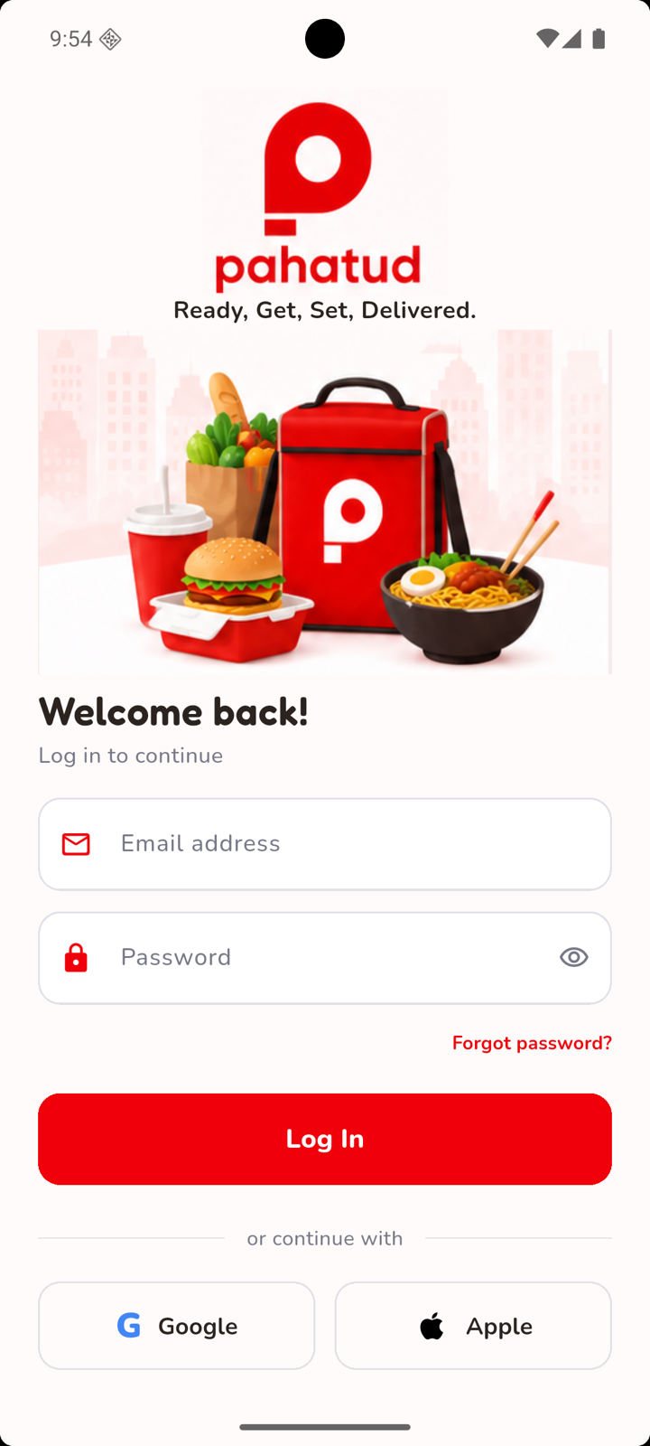 PahatudFood mobile app login screen